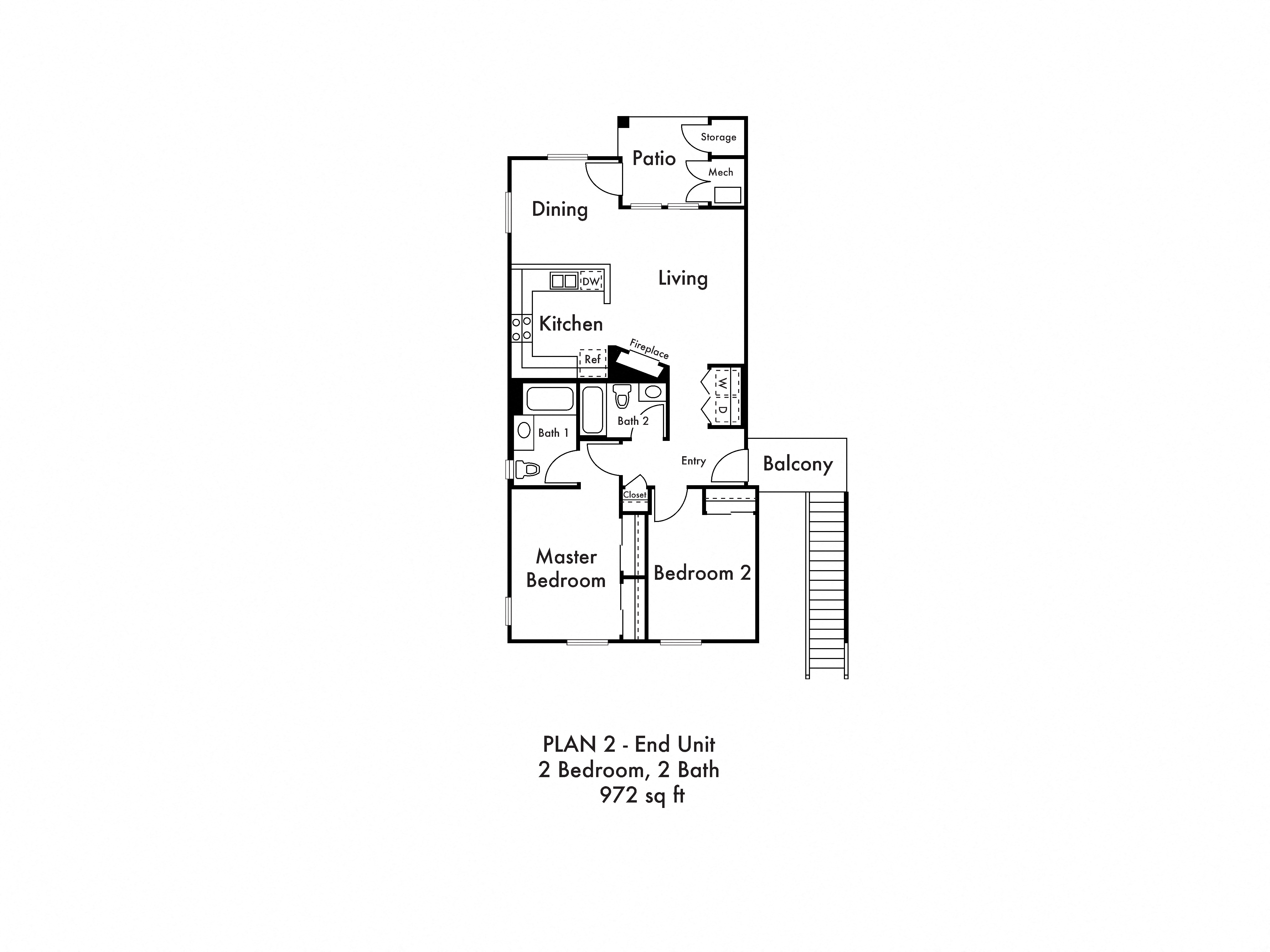 Floor plan for 2 beds, 2 baths, 972 sqft